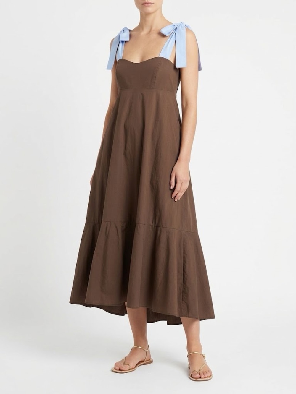 NWT Hismos Made in Italy Choco Brown Tie Shoulder Tiered Maxi Dress Large